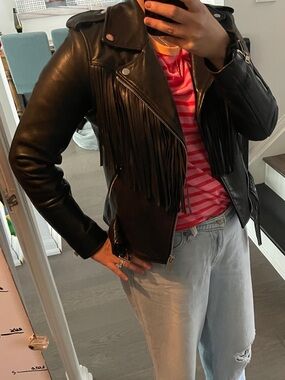 Maje Black Leather Fringe Moto Jacket - Size 40